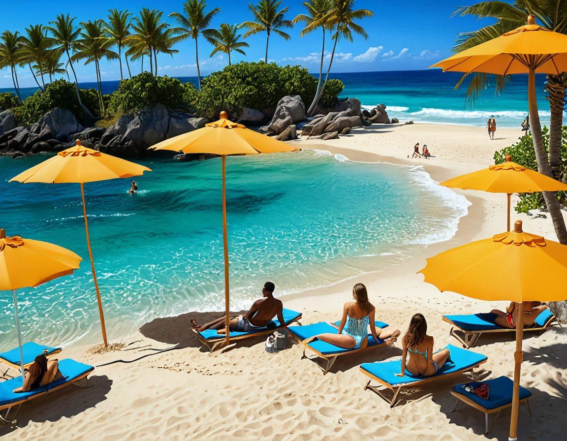 A vibrant beach scene showcasing stylish individuals flaunting a variety of thong swimwear under the bright summer sun. The background features palm trees, blue waves, and colorful beach umbrellas to create a lively atmosphere. Highlight high-performance beachwear accessories like sunglasses and hats, emphasizing fashion and fun in summer. The scene should evoke a sense of adventure and excitement. super-realistic. vibrant colors. 3D.