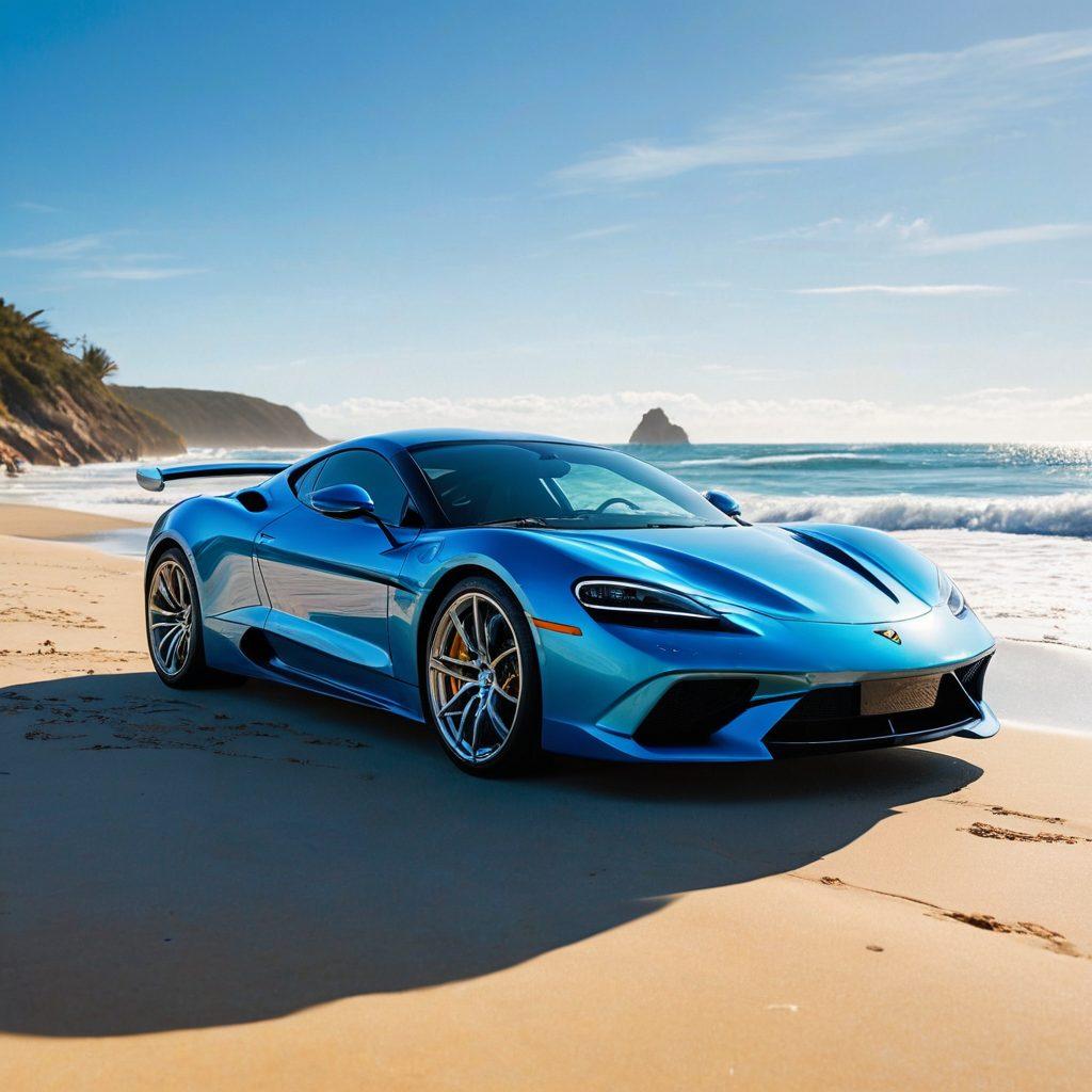 A sleek, high-performance sports car parked on a sunny beach, with luxurious beach fashion essentials like hats, sunglasses, and swimwear artistically arranged around it. The ocean waves crash in the background, adding a sense of motion and excitement. The scene is vibrant, exuding an atmosphere of luxury and carefree summer vibes. super-realistic. vibrant colors. bright blue sky.