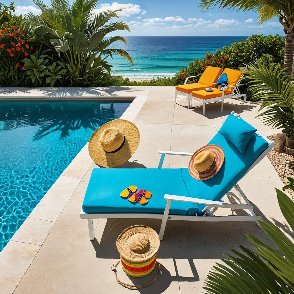 A vivid scene featuring a luxurious poolside with a stylish lounge chair adorned with colorful swimwear, surrounded by refreshing tropical plants. In the background, picturesque sandy shores with gentle waves lapping at the beach and sun-kissed umbrellas, hinting at an adventurous summer. Include accessories like sunglasses, sun hats, and beach bags scattered artistically. A clear blue sky adds a bright and lively feel. hyper-realistic. vibrant colors. summer vibes.